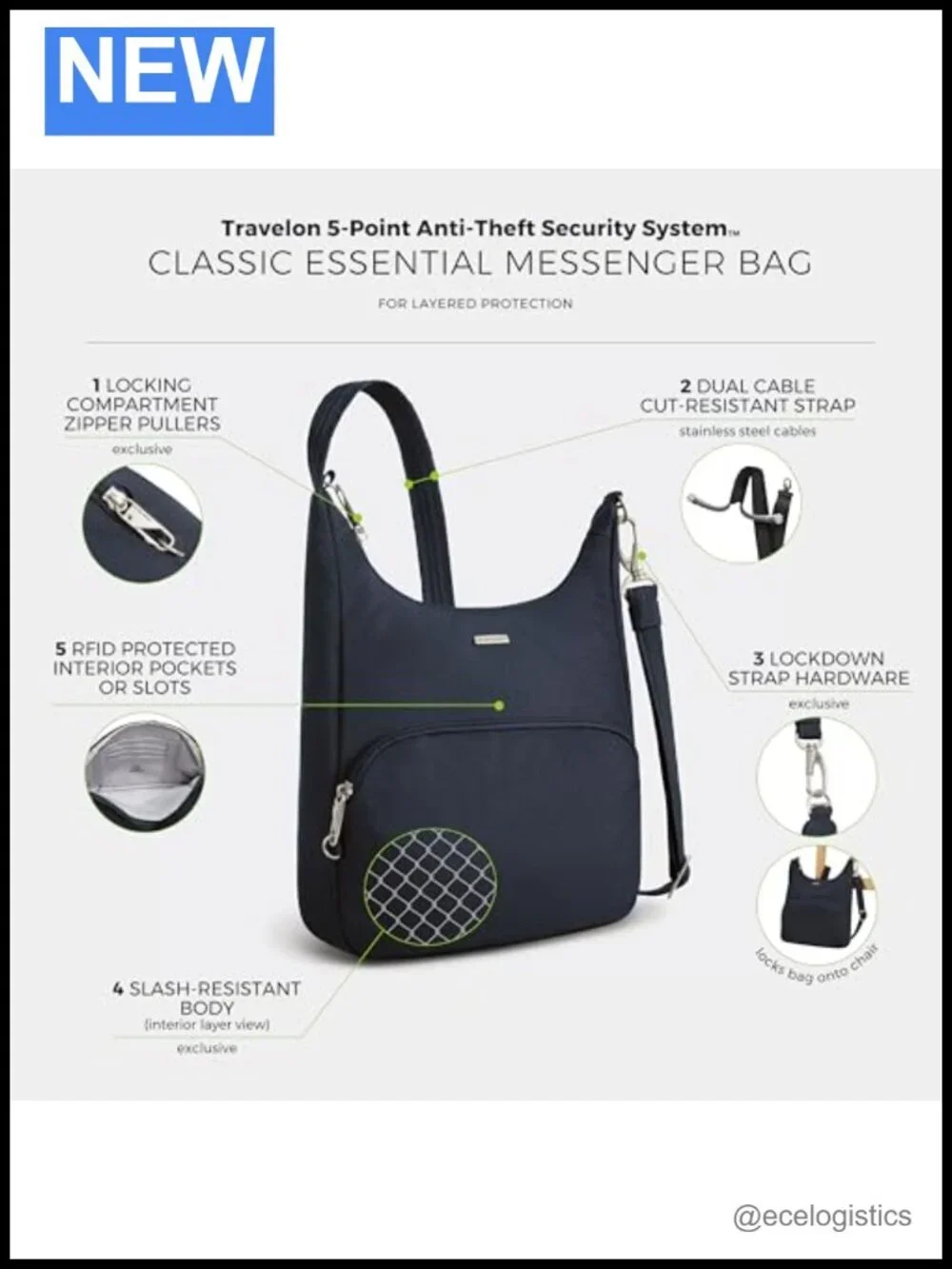 Anti-Theft Classic Essential Messenger Bag with RFID Locking Zippers